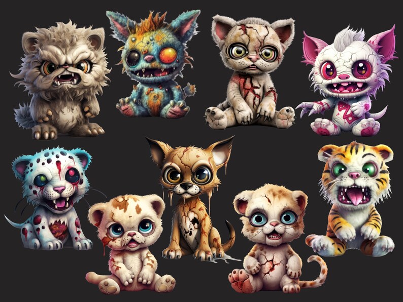 Peut inclure: Neuf figurines d'animaux de dessin anim&eacute;, stylis&eacute;es et l&eacute;g&egrave;rement grotesques, avec diff&eacute;rentes couleurs et textures. Les animaux sont tous assis et ont une expression l&eacute;g&egrave;rement mena&ccedil;ante.