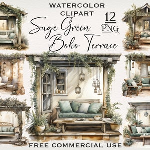 Boho Terrasse PNG Bundle, Salbei grün Aquarell Boho Clipart, Boho Wohnkultur Clipart, Boho png, Boho Clip Art, große gemütliche Boho Couch Clipart