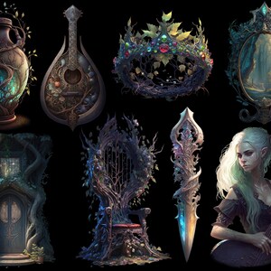 May include: A collection of fantasy themed items, including a crown, a throne, a sword, a mirror, a vase, a door, and a lute. The items are all made of wood and metal and are decorated with vines and leaves.