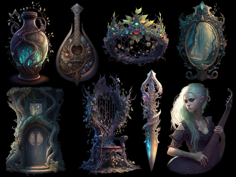 May include: A collection of fantasy themed items, including a crown, a throne, a sword, a mirror, a vase, a door, and a lute. The items are all made of wood and metal and are decorated with vines and leaves.