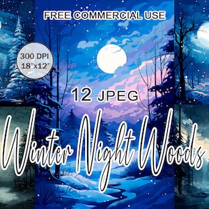 Night in the woods winter clipart, Winter landscape art, Dark forest art, Enchanted forest art, Winter painting, Mystical winter clipart
