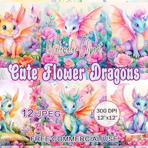 Cute flower dragon clipart, Watercolor flowers clipart, Fairy dragon clipart, Baby dragon clipart, Flower clipart, Floral dragon art bundle