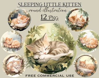 Paquete de gatitos durmiendo, paquete de gatos de acuarela, animales bebés, animales de acuarela, dulces sueños, imágenes prediseñadas de amantes de los gatos