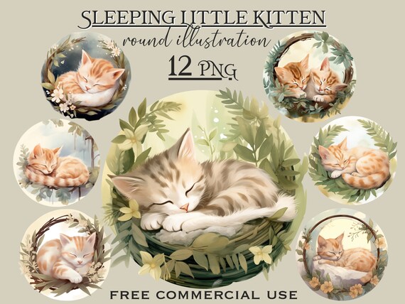Sleeping Kitten PNG bundle, Watercolor cat png bundle, Baby animals png, Watercolor animals png, Sweet dreams png, Cute cat lover clip art