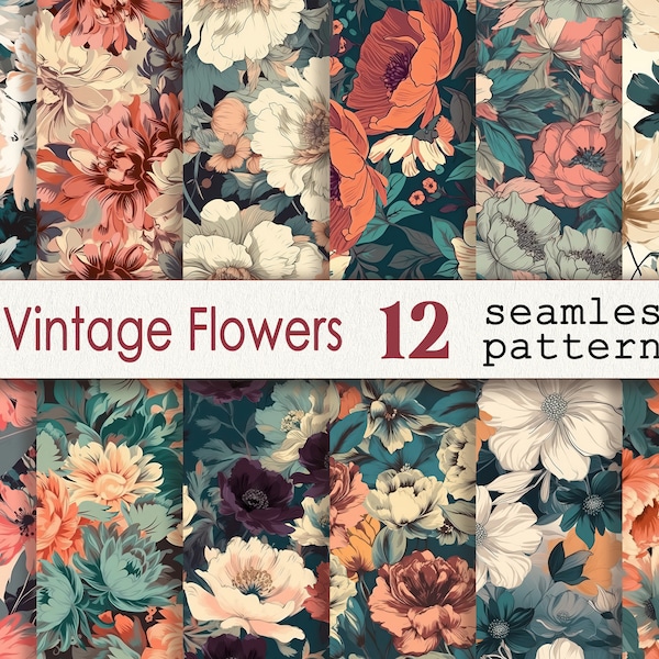 Vintage flowers pattern clipart, Seamless texture, Digital paper jpeg with free commercial use for design, collage, prints, decoupage etc.