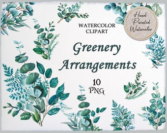 Aquarel groen arrangement, salie groen boeket png, bloemstukken, aquarel clipart, eucalyptus clipart, varen png