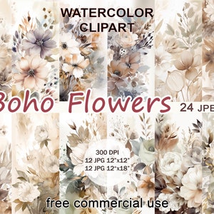 Boho background jpg, Floral boho clipart, Boho flower clipart, Boho digital paper, Boho backdrop jpg, Watercolor boho jpg, Scrapbooking kit