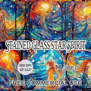 Gebrandschilderd glas star spirit clipart, bundel gestileerde hemelse meisjesportretten, art nouveau-fantasieruimte afdrukbare afbeeldingen, gratis commercieel gebruik