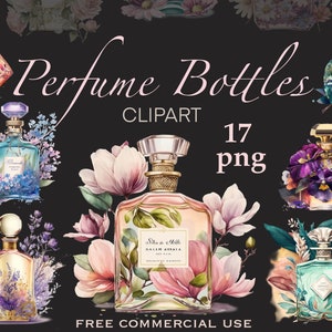 May include: A set of 17 watercolor illustrations of perfume bottles with floral accents. The bottles are in various shapes and sizes, and the flowers are in a variety of colors, including pink, purple, blue, and yellow. The illustrations are perfect for use in digital scrapbooking, card making, and other creative projects.