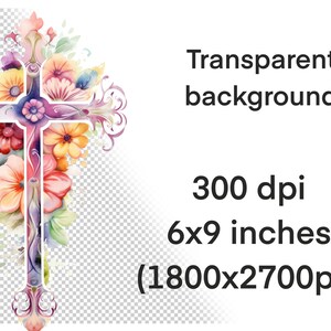 May include: A watercolor painting of a floral cross with pink, purple, yellow, and green flowers. The cross is on a transparent background.