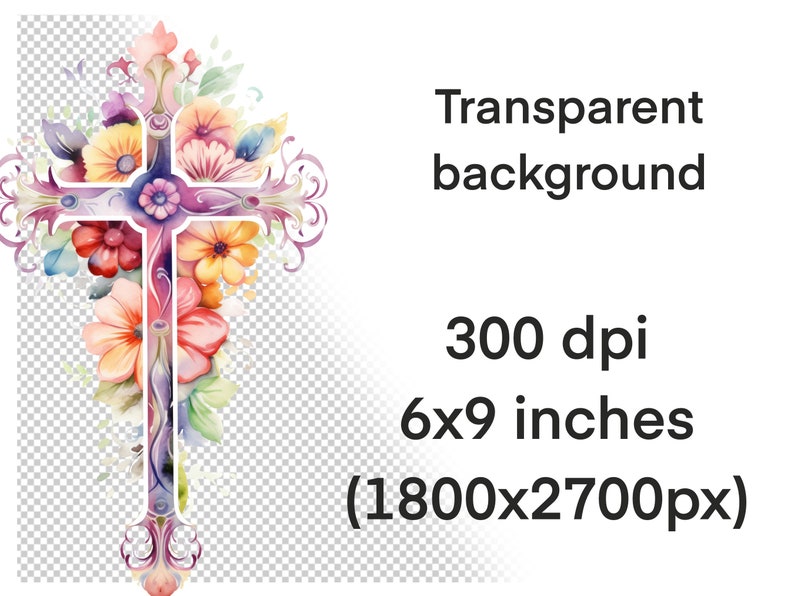 May include: A watercolor painting of a floral cross with pink, purple, yellow, and green flowers. The cross is on a transparent background.