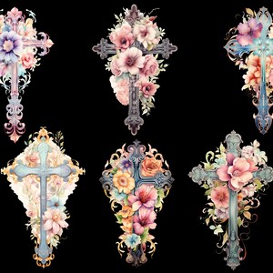 May include: Six watercolor illustrations of ornate crosses adorned with colorful flowers. The crosses are painted in shades of blue, gold, and pink, and the flowers are a mix of pink, purple, and yellow.
