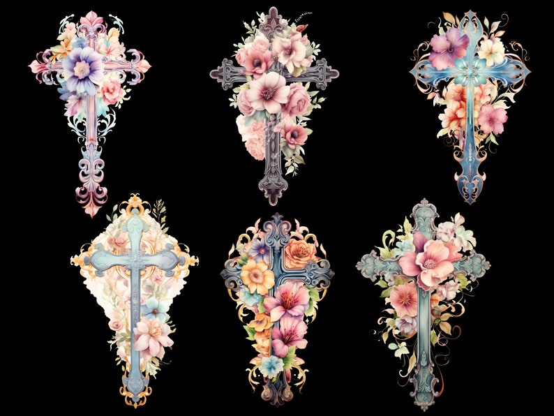 May include: Six watercolor illustrations of ornate crosses adorned with colorful flowers. The crosses are painted in shades of blue, gold, and pink, and the flowers are a mix of pink, purple, and yellow.