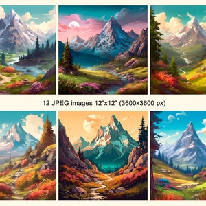 Clip art de montanha, pacote de pintura digital de paisagem em jpeg com uso comercial gratuito, para design, colagem, scrapbooking, diário de recortes etc. imagem 4