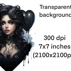 May include: A digital illustration of a woman with long black hair and red eyes. She is wearing a black choker necklace and a black dress. The background is a watercolor-style wash of gray and black.