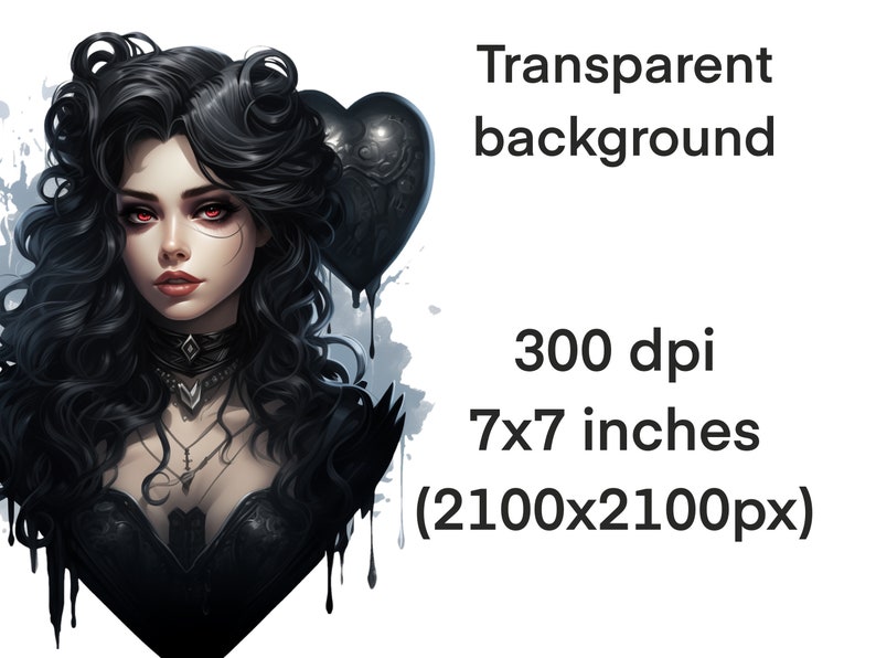 May include: A digital illustration of a woman with long black hair and red eyes. She is wearing a black choker necklace and a black dress. The background is a watercolor-style wash of gray and black.