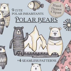 Clipart dibujado a mano de oso polar, lindo patrón sin costuras de animales, decoración de guardería bohemia, clipart para niños, arte caprichoso, baby shower boho