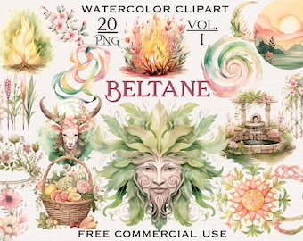May include: A set of 20 watercolor clipart images related to the Celtic festival of Beltane. The set includes images of a bonfire, a green man, a fountain, a bull, flowers, and a spiral. The text "WATERCOLOR CLIPART VOL. I" and "BELTANE" are also included in the image.  Free commercial use.