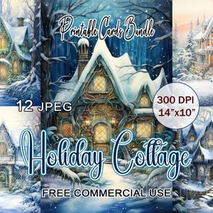 Holiday Cottage Bundle – Winter Fairy House Christmas Clipart for Printable Greeting Card | 12 Vertical JPEG Backgrounds
