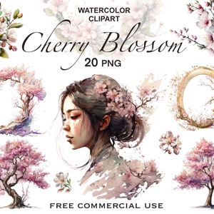 Paquete PNG de flores de cerezo, clipart de flor de cerezo en acuarela, png de flor de sakura, png de corona de flores, clipart de sakura, clipart floral de primavera