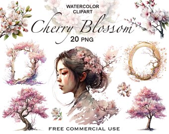 May include: Watercolor clipart set of 20 cherry blossom illustrations. The set includes a variety of cherry blossoms, including branches, trees, and a woman with cherry blossoms in her hair. The illustrations are in a soft, watercolor style and are perfect for adding a touch of spring to your designs.
