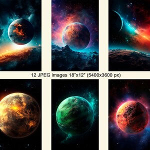 May include: A collection of 12 digital images featuring planets in space. Each image features a different planet with a unique color scheme and texture. The planets are surrounded by stars and nebulae.