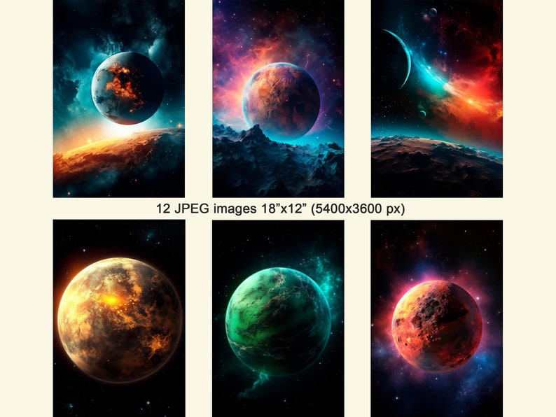 May include: A collection of 12 digital images featuring planets in space. Each image features a different planet with a unique color scheme and texture. The planets are surrounded by stars and nebulae.