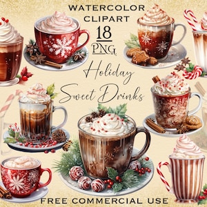 May include: Watercolor clipart of 18 holiday sweet drinks. The drinks are in mugs and glasses with whipped cream and candy canes. The text "Holiday Sweet Drinks" is written in cursive on the image.