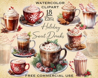Christmas drinks PNG bundle, Christmas watercolor clipart, Christmas coffee png, Hot chocolate png, Holiday png, Cozy png, Winter latte png