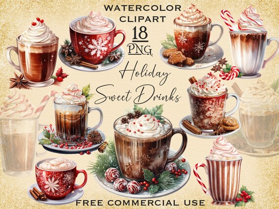 Christmas drinks PNG bundle, Christmas watercolor clipart, Christmas coffee png, Hot chocolate png, Holiday png, Cozy png, Winter latte png