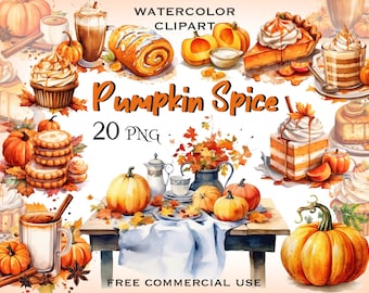 May include: Watercolor illustrations of pumpkin spice themed items, including pumpkins, cupcakes, pies, coffee, and fall leaves. The text "Pumpkin Spice" and "20 PNG" are also included in the image. Free commercial use.