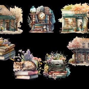 Pu&ograve; includere: Un'illustrazione ad acquerello di una libreria con un tendone verde e un cartello che recita "Suite 102". La libreria &egrave; circondata da fiori e vegetazione. C'&egrave; un orologio al muro e un gatto che dorme su una pila di libri.