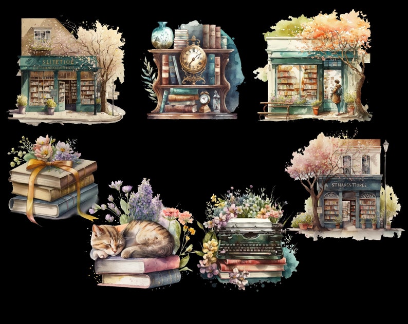 Pu&ograve; includere: Un'illustrazione ad acquerello di una libreria con un tendone verde e un cartello che recita "Suite 102". La libreria &egrave; circondata da fiori e vegetazione. C'&egrave; un orologio al muro e un gatto che dorme su una pila di libri.