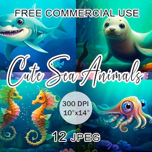 Cute sea animals, Underwater cute animal clipart, Funny under the sea image bundle, Painted nautical animal portrait, Free commercial use