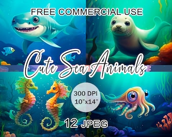 Schattige zeedieren, onderwater clipart schattige dieren, bundel grappige afbeeldingen onder de zee, portret van nautische dieren geschilderd, gratis commercieel gebruik
