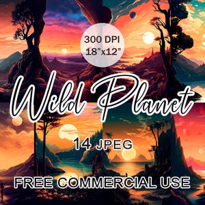 Zonsondergang op de wilde planeet JPEG-afbeeldingen | Bundel met Fantastic World-landschapskunst met gratis commercieel gebruik