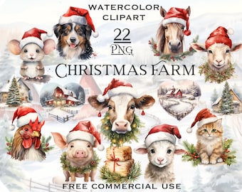 Christmas farmhouse PNG bundle, Cute farm animals png, Christmas png, Watercolor Christmas clipart, Country christmas png, Christmas digital