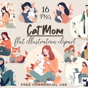 Clipart de maman de chat, lot d'art illustration plat confortable, images png d'amant de chat, peinture mignonne de portrait d'animal de compagnie pour le collage etc., usage commercial gratuit