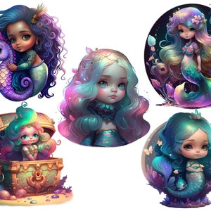 Pu&ograve; includere: Cinque illustrazioni di sirene con squame iridescenti e capelli colorati. Le sirene sono raffigurate in varie pose, tra cui nuotare, sedersi in un forziere del tesoro e tenere un cavalluccio marino.