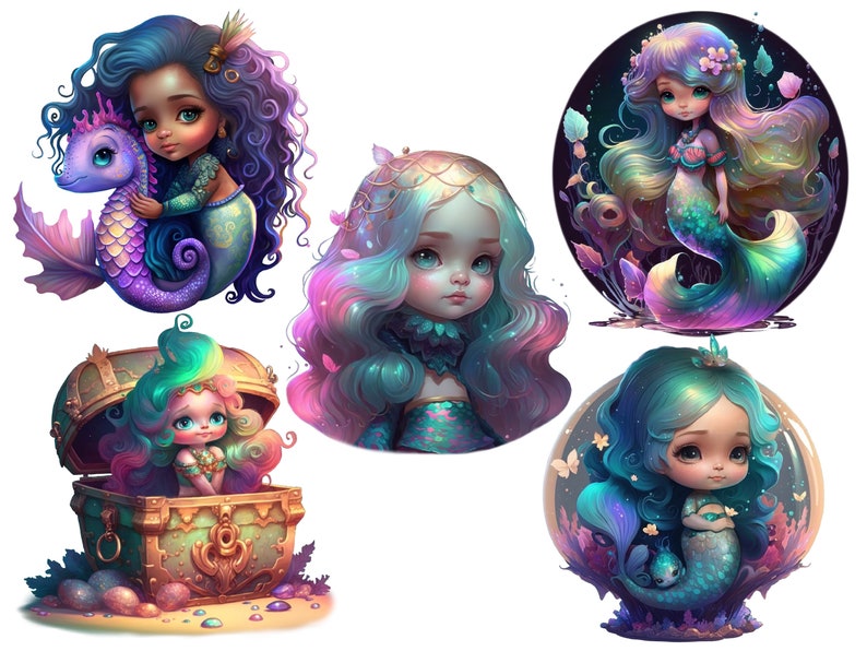 Pu&ograve; includere: Cinque illustrazioni di sirene con squame iridescenti e capelli colorati. Le sirene sono raffigurate in varie pose, tra cui nuotare, sedersi in un forziere del tesoro e tenere un cavalluccio marino.
