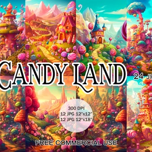 Snoepland clipart, zoete fantasielandschap jpg-afbeeldingen, commerciële licentie inbegrepen, voor ontwerp, print, collage, plakboek, junkdagboek, enz.