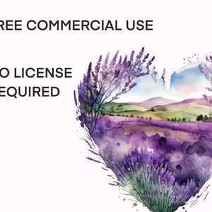 Puede incluir: Una pintura de acuarela de un campo de lavanda en forma de coraz&oacute;n. El campo est&aacute; rodeado de flores de lavanda moradas y &aacute;rboles verdes. El texto "FREE COMMERCIAL USE NO LICENSE REQUIRED" est&aacute; escrito en la parte superior de la imagen.