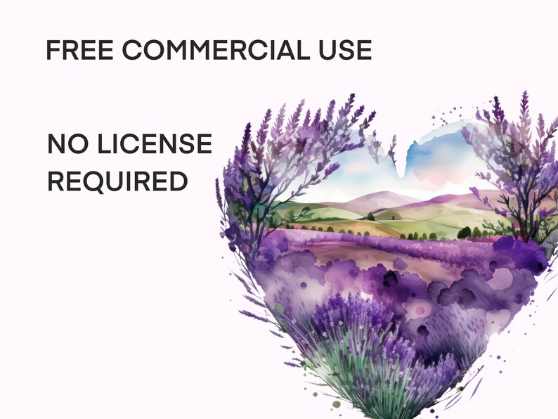 Puede incluir: Una pintura de acuarela de un campo de lavanda en forma de coraz&oacute;n. El campo est&aacute; rodeado de flores de lavanda moradas y &aacute;rboles verdes. El texto "FREE COMMERCIAL USE NO LICENSE REQUIRED" est&aacute; escrito en la parte superior de la imagen.