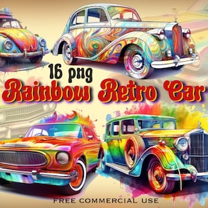 Regenboog retro auto clipart, klassieke auto's kleurrijke png-bundel, afbeeldingen autoliefhebbers voor ontwerp, collage, scrapbooking enz., gratis commercieel gebruik