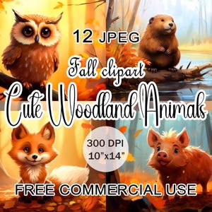 Clipart mignon animaux de la forêt pour carte pour enfants et modèle d'automne imprimable | 12 portraits d'animaux de la forêt d'automne, utilisation commerciale gratuite