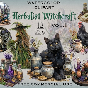 Kruidkundige hekserij PNG-bundel, heidense heks clipart, druïde magie png, occulte heks png, donkere naturalismekunst, digitale downloads