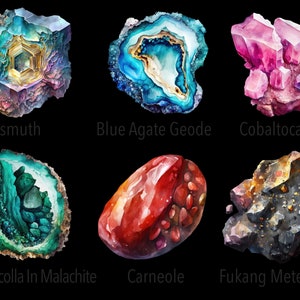 May include: Six different types of minerals and gemstones, including bismuth, blue agate geode, cobaltocalcite, chrysocolla in malachite, carneole, and fukang meteorite.