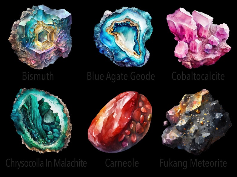 May include: Six different types of minerals and gemstones, including bismuth, blue agate geode, cobaltocalcite, chrysocolla in malachite, carneole, and fukang meteorite.