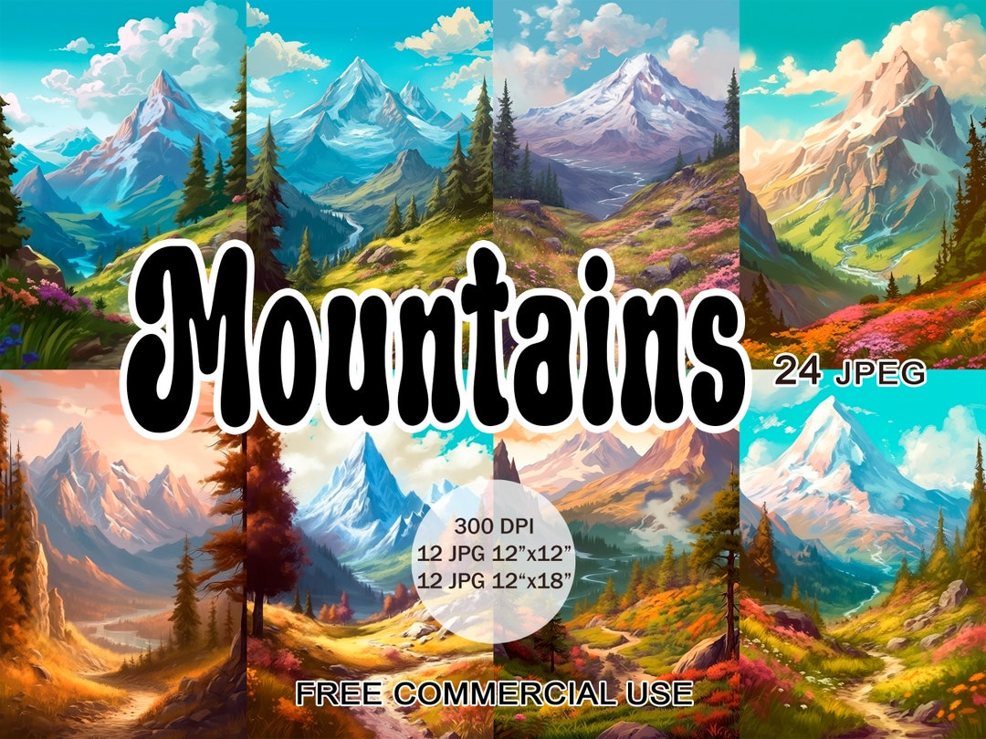Mountain Clip Art, Landscape Digital Painting Jpeg Bundle With Free