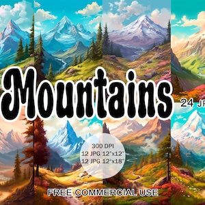 Illustraties berg, landschap digitaal schilderen jpeg-bundel met gratis commercieel gebruik, voor ontwerp, collage, scrapbooking, junkjournal enz.